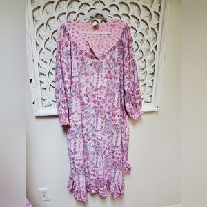 Upcycled Rose Quartz Tie Dyed Vintage Floral Flannel Nightgown By Movie Star 1X